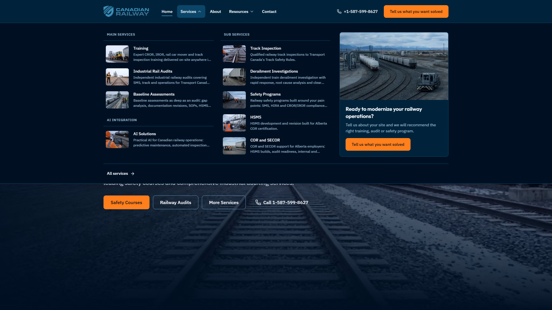 Canadian Railway Solutions services mega menu with a photo for each service (desktop)